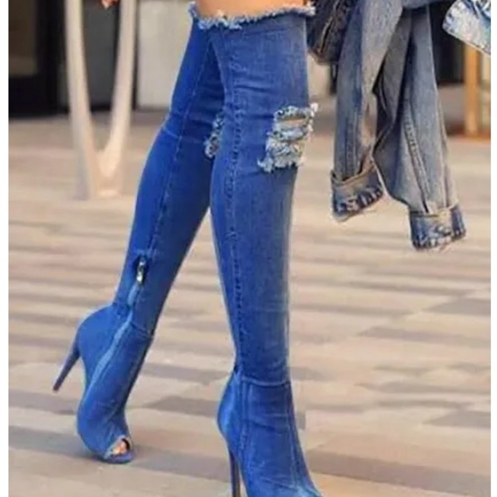 Brand New Ripped Over the Knee Peep Toe Denim Boots, Size 9